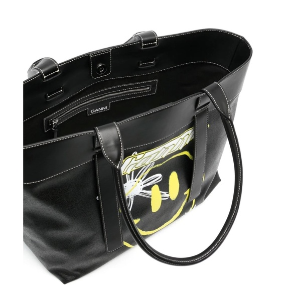 Ganni Smiley Face Print Canvas Tote Bag in Black - Picture 5 of 6